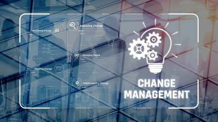 Change management strategy combining innovation, globalization, and teamwork to enable business transformation and emotional engagement in modern organizations.の写真素材