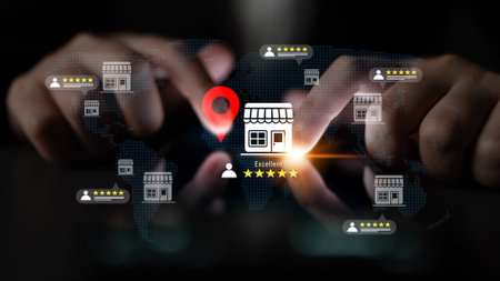 Digital representation of business ratings where hands interact with a global map. Features store...