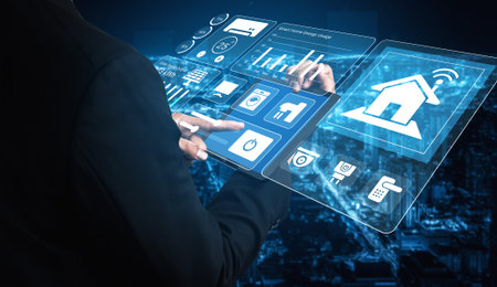 A business professional engages with an advanced touchscreen technology featuring home automation...