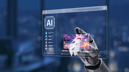 A sleek robotic hand engages with a holographic AI interface, illustrating advanced technology, innovation, and digital interaction against an urban backdrop.の写真素材