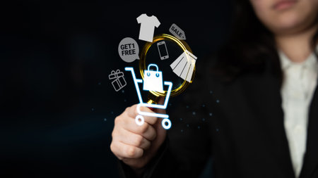 Glowing shopping cart with sale tags, clothing, and mobile items representing online retail marketing and e-commerce promotions Parseの写真素材