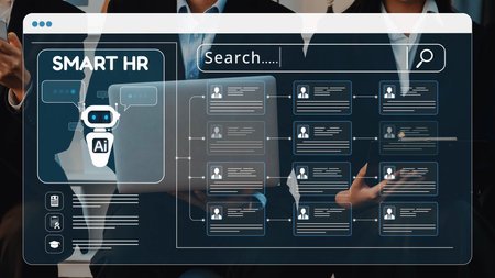 A conceptual image showcasing smart HR technology with an AI interface searching employee data on a laptop, depicting modern professional office dynamics and innovation. Rasterの写真素材