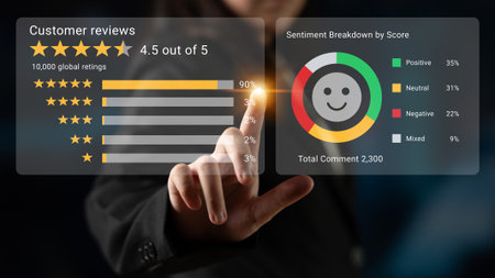 Detailed analysis of customer reviews showcasing ratings and sentiment breakdown, designed for business presentations using modern technology and digital visualizations.の写真素材