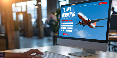 Online flight booking website provide brisk reservation system . Travel technology concept .の素材