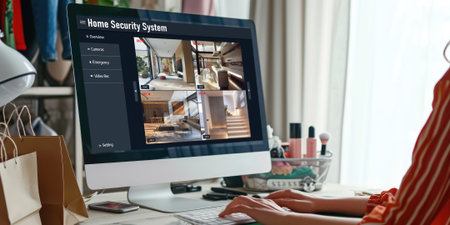 Online home security system showing live view of cctv cameras around the private property briskの素材