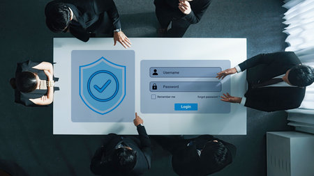 Business professionals gather around a modern table discussing issues of digital security and login procedures, emphasizing teamwork and technology in the office. Gantryの写真素材