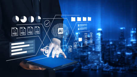 A businessman interacts with a futuristic digital interface on a tablet, showcasing data analysis and security features in a modern urban environment at night.の写真素材