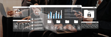 Explore the dynamic interaction of AI technology and business processes. This image illustrates data analysis, security features, and effective document management.の写真素材