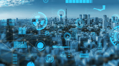 A stunning aerial view of a modern city skyline blended with digital graphics, illustrating...