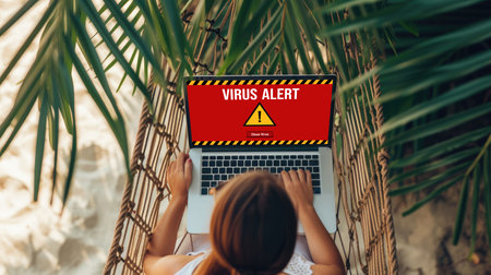 Virus warning alert on computer screen detected brisk cyber threat , hacker, computer virus and malwareの素材