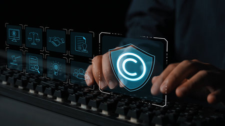 Digital copyright protection system showing secure ownership, intellectual property rights, content verification, and legal warning icons for creators and publishersの写真素材