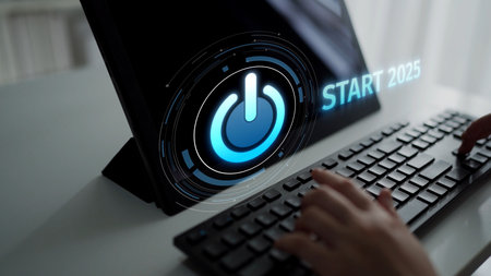 Start 2025 concept with futuristic power button symbolizing fresh beginnings, innovation, and digital transformation. Start 2025, new goals, and start 2025 initiative.の写真素材