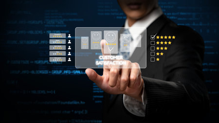 Business person analyzes customer experience satisfaction review data, striving to improve service quality. Leveraging reviews to enhance customer satisfaction and loyalty.の写真素材