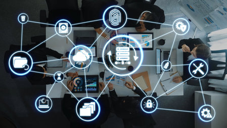 Data recovery icons show backup, data recovery process, and secure restoration. Data recovery ensures system reliability, data recovery protection, and information access.の写真素材