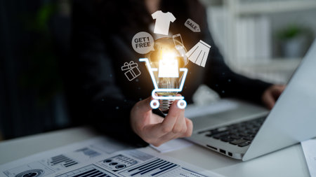 Glowing shopping cart with sale tags, clothing, and mobile items representing online retail marketing and e-commerce promotions Parseの写真素材