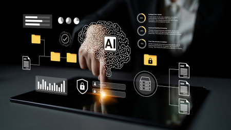 Explore the integration of artificial intelligence and data security in a sleek digital interface, highlighting innovative technology in modern analytics and user interaction.の写真素材