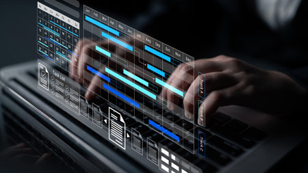 A close-up view of hands typing on a laptop featuring a futuristic dashboard that showcases a...