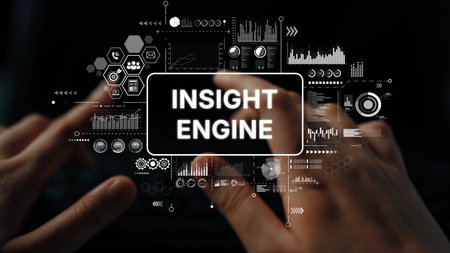 Hands Interacting with Digital Insight Engine and Data Visualization Graphics in Dark Environment....
