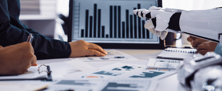 A modern business meeting showing a team analyzing data with a robotic arm interacting with graphs...