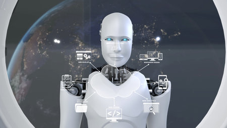 This image features a humanoid robot with an advanced technology interface, representing the...