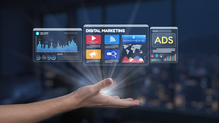 A hand extends towards vibrant digital marketing icons and data visuals, symbolizing innovation and...
