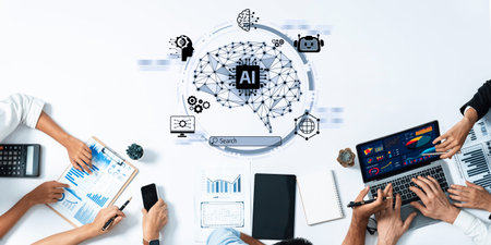 A collaborative team meeting focusing on artificial intelligence analysis, featuring laptops,...