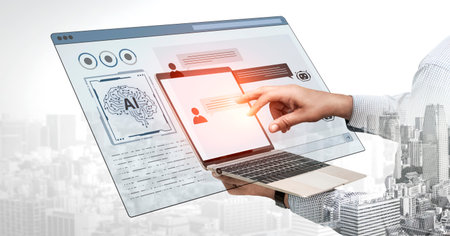 A user interface of a conversational AI platform. A user interacts with an intelligent chatbot by typing prompts to receive support and information from the digital brain.の写真素材