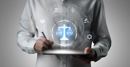 Futuristic digital law interface displaying justice scale, highlighting digital law, AI compliance,...