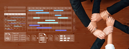 A dynamic team collaborates around a wooden table, showcasing a Gantt chart and task list,...