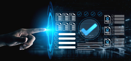 A hand interacts with an advanced digital interface, highlighting document approval and verification...