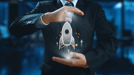 Startup launch and business growth concept, rocket symbolism, entrepreneurship, startup innovation, and early-stage success strategies for new business development and expansion. Elideの写真素材