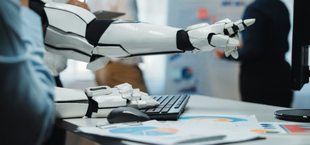 A robotic arm extends towards a digital display, highlighting cutting-edge technology in a modern...
