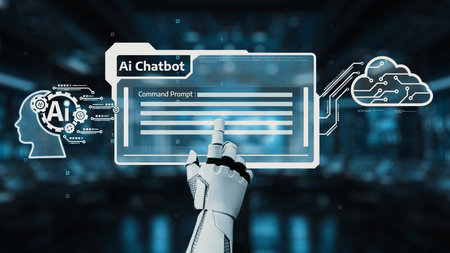 A futuristic robot hand interacts with an AI chatbot interface within a high-tech digital...