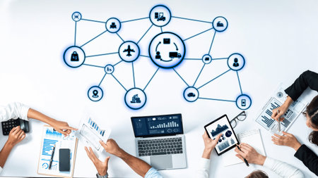 Icons illustrate delivery, supply chain, warehouse, and shipping. They connect global trade, optimize transport, and support inventory tracking.の写真素材