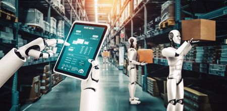 Innovative industry robot working in warehouse for human labor replacement . Concept of artificial...