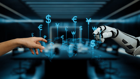 A human hand reaches out to a robotic hand, symbolizing collaboration in the financial technology sector, with currency symbols overlaying a digital world map.の写真素材