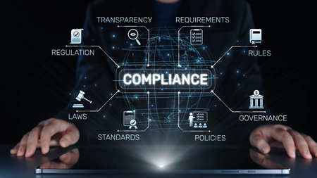 Compliance ensures alignment with standards, laws, and policies. A strong compliance system helps enforce regulation, protect organizations, and improve global compliance transparency.の写真素材