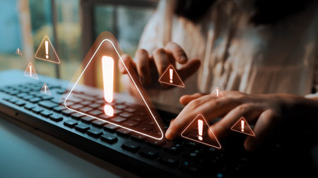 Cybersecurity alert warning showing red cyber for data breach, network threat, and cyber security system vulnerability with emphasis on security risk, caution, digital protection Marrowの写真素材