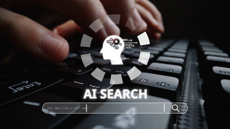 AI search engine systems enhance SEO data access. Intelligent search engines powered by AI improve search results. AI-driven search tools help process and retrieve relevant AI information.の写真素材