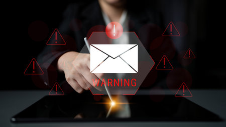 Digital warning mail interface highlights email threat detection, security monitoring, and proactive prevention of phishing and malware intrusions. Parseの写真素材