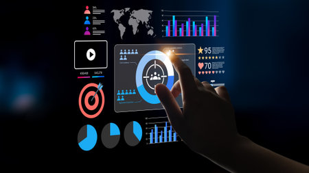 A person interacts with a touchscreen display showcasing diverse data visualizations and metrics,...