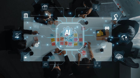 A group of professionals engaged in a business meeting about AI strategy, surrounded by technology...