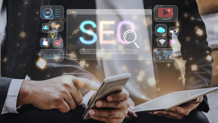 SEO concept for improving SEO visibility, with SEO related digital tools and SEO performance icons...