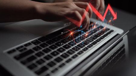 Economic caution visualized with fluctuating market graph, alert symbols, and negative data trends. Represents financial risk, market volatility, and economic uncertainty. Muxerの写真素材
