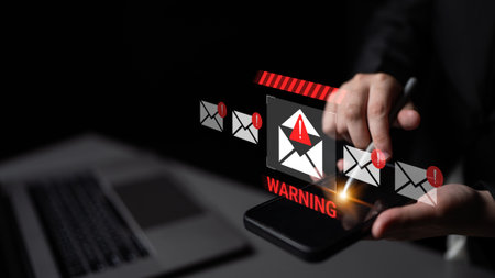 A hand holding a smartphone displays cybersecurity threat icons, emphasizing the importance of awareness against phishing emails in a digital age.の写真素材