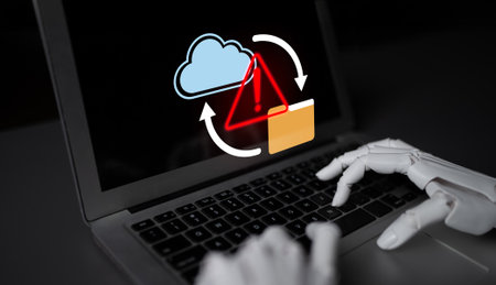 A robotic hand types on a laptop featuring a cloud storage error alert. This illustration represents...