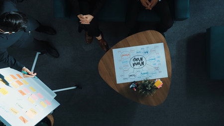Top down aerial view of executive manager write whiteboard and share marketing strategy. Smart...