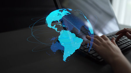 Global network connection visualization showing data exchange, digital link, worldwide...