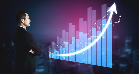 Businessman stands confidently while analyzing growth trends displayed through modern graphs,...