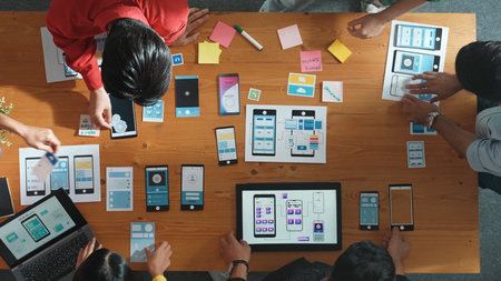 Top view of smart software developer planning software development. Skilled programmer team...
